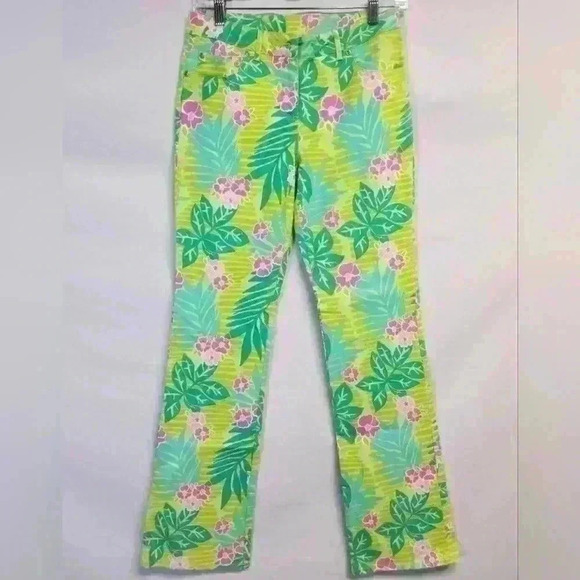 Women's Lilly Pulitzer Wind Chimes Leaf Green Pink Floral Jeans Sz 2 $108 - Picture 1 of 9